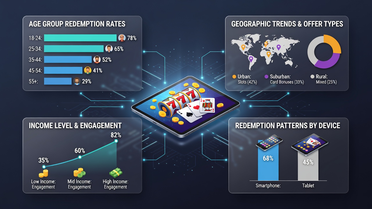 Infographic displaying geographic distribution of promotional offer redemptions in mobile slot and card games