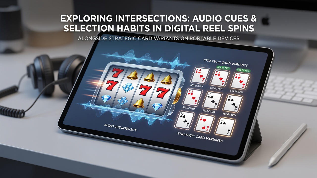 Mobile device displaying digital reel spins with overlaid audio waveform visuals and card game interface elements