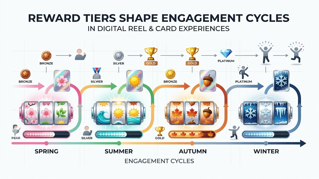 Digital reel interface displaying tiered loyalty rewards and seasonal bonus indicators