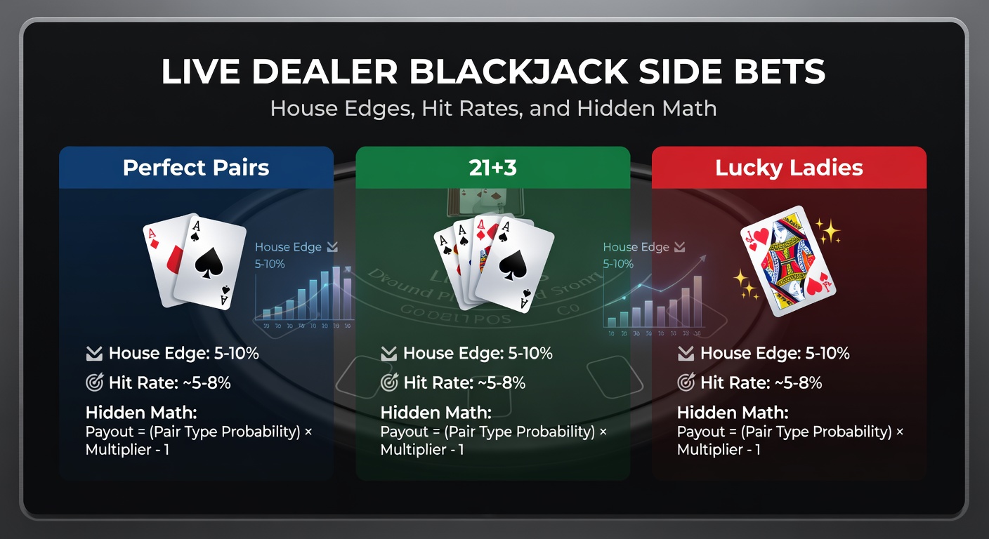 Close-up of live dealer hand with 21+3 side bet winning a straight flush, chips stacking up beside the betting spot