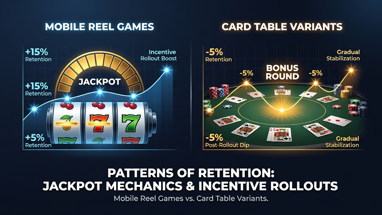 Mobile reel game interface showing jackpot progress and retention metrics on a smartphone screen