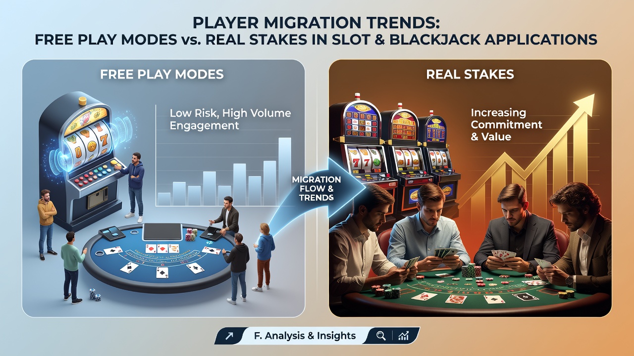 Chart displaying conversion rates from free play to real stakes across slot and blackjack apps in the first half of 2026