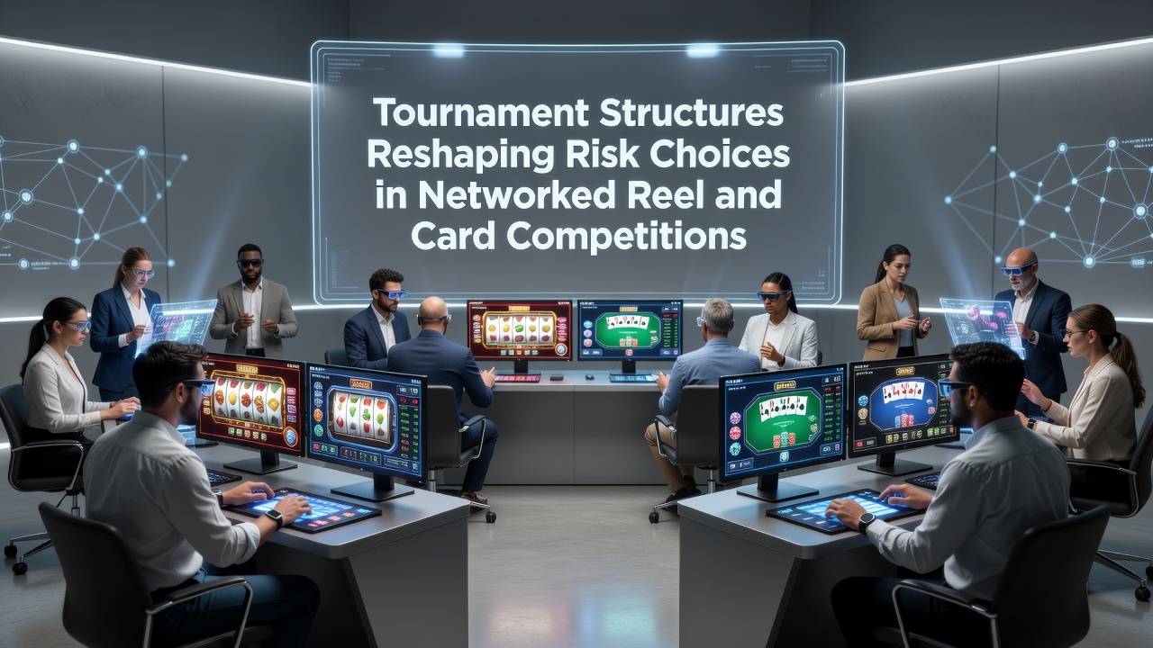Players reviewing networked tournament standings on mobile devices during reel and card events